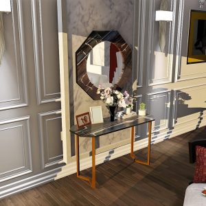 Petrified Wood Console Table Octagon Black Pattern Natural Glossy Finishing