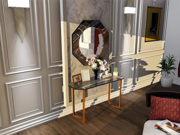 Petrified Wood Console Table Octagon Black Pattern Natural Glossy Finishing