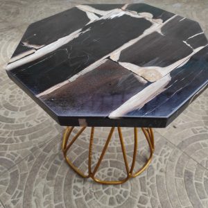 Petrified Octagon Wood Side Table Shiny Resin Finishing