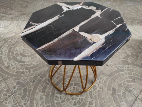 Petrified Octagon Wood Side Table Shiny Resin Finishing