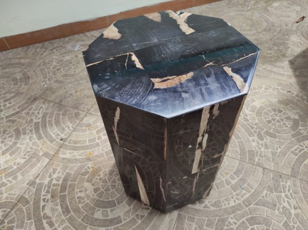 Octagon Stool Petrified Wood Material Black Unique Pattern Natural Glossy Resin Finishing 6