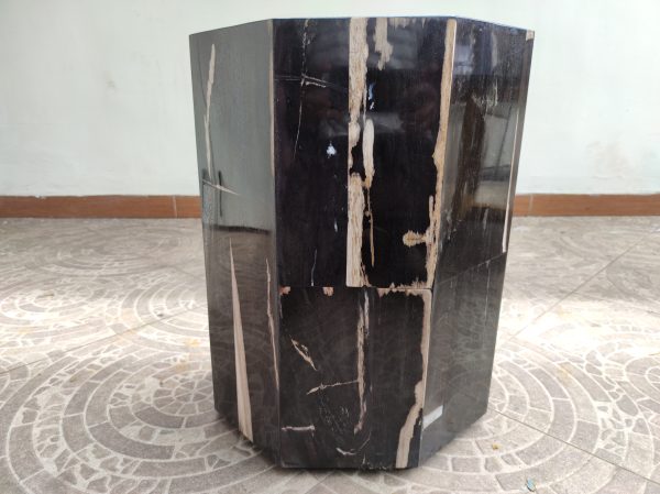 Octagon Stool Petrified Wood Material Black Unique Pattern Natural Glossy Resin Finishing 5