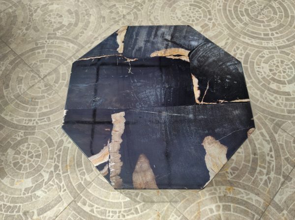 Octagon Stool Petrified Wood Material Black Unique Pattern Natural Glossy Resin Finishing 1