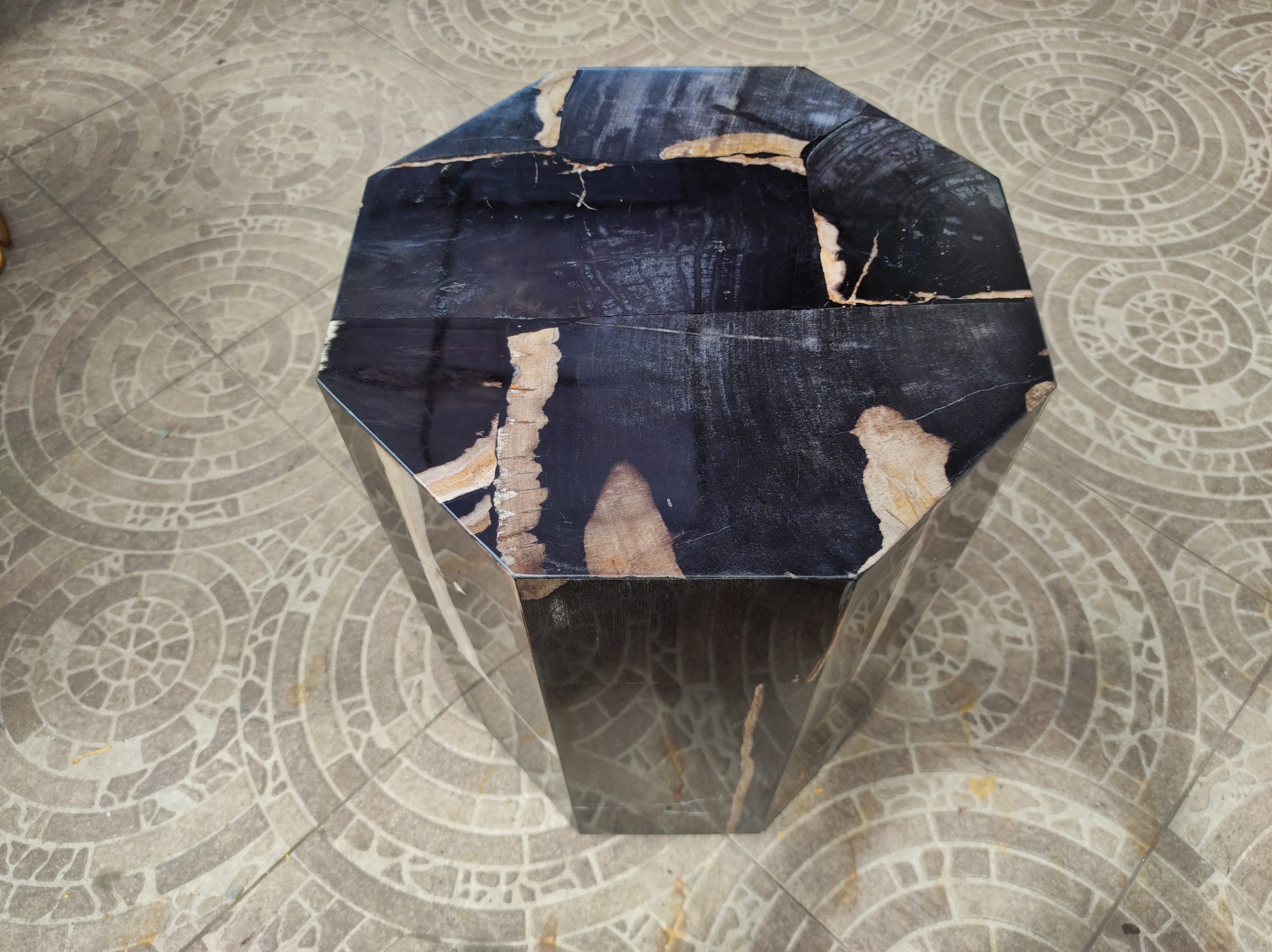 Octagon Stool Petrified Wood Material Black Unique Pattern Natural Glossy Resin Finishing 3