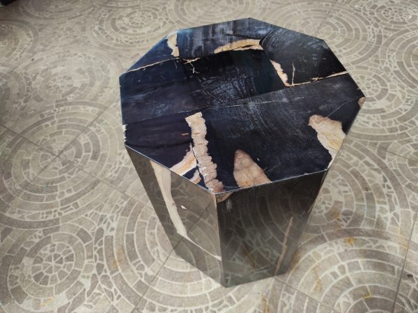Octagon Stool Petrified Wood Material Black Unique Pattern Natural Glossy Resin Finishing 2