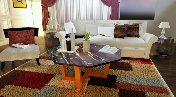 Octagon Black Pattern Glossy Natural Finishing Petrified Wood Coffee Table