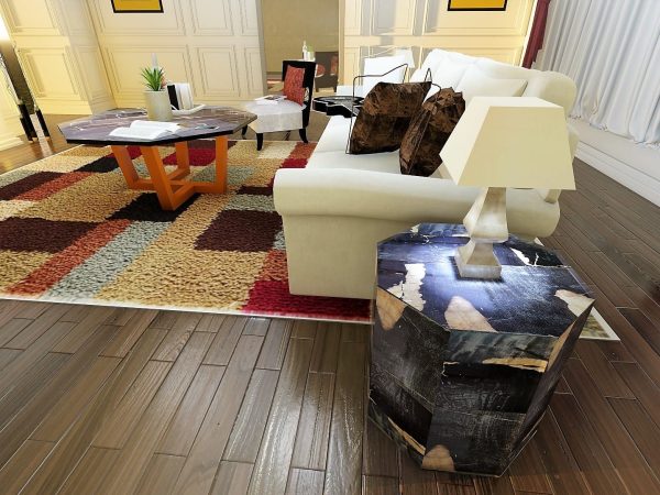 Petrified Wood Stool Octagon Black Resin Glossy Finishing